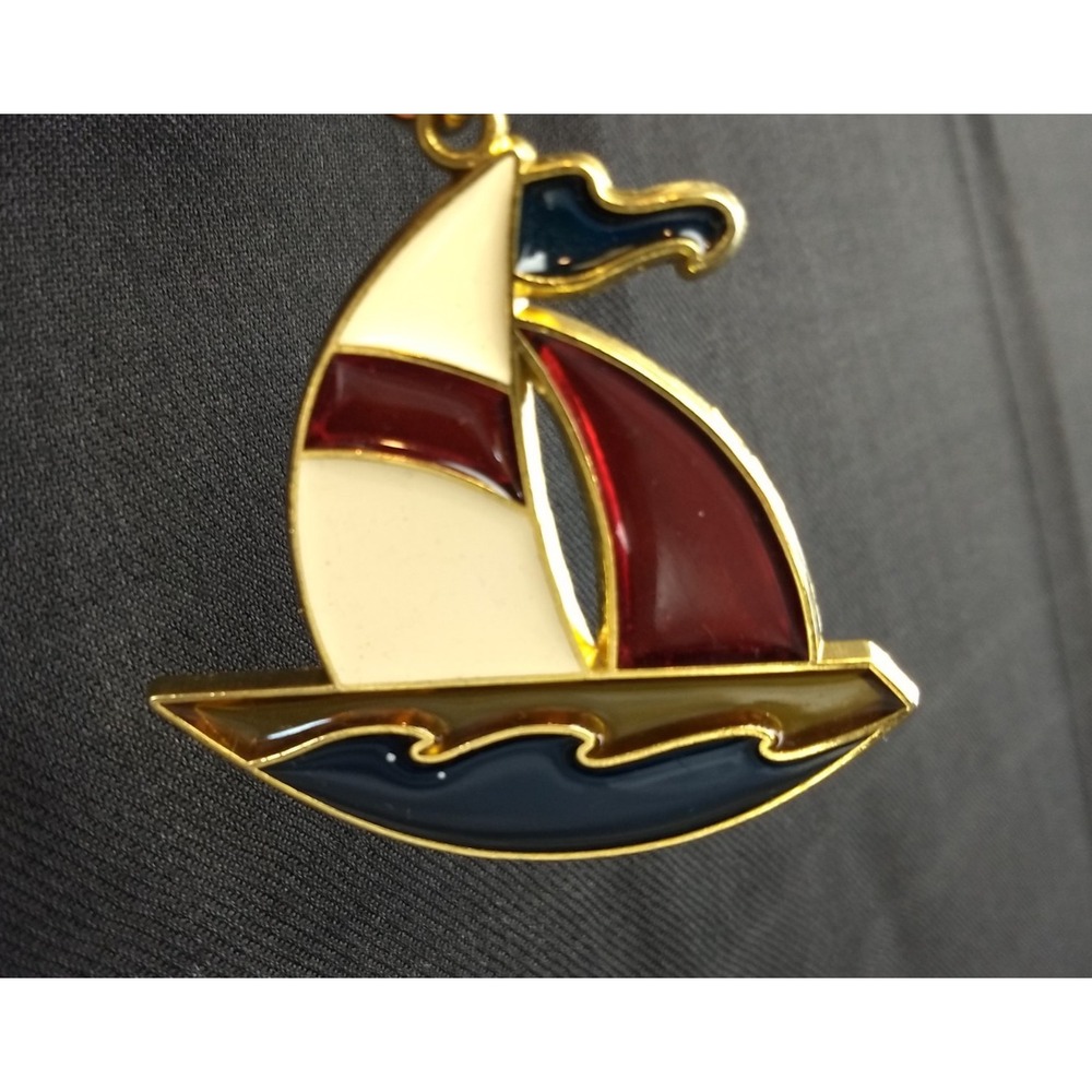 Vtg Enamel Sailboat Keychain 1970s Blue Red Suncatcher Gold-Tone Metal Keyring